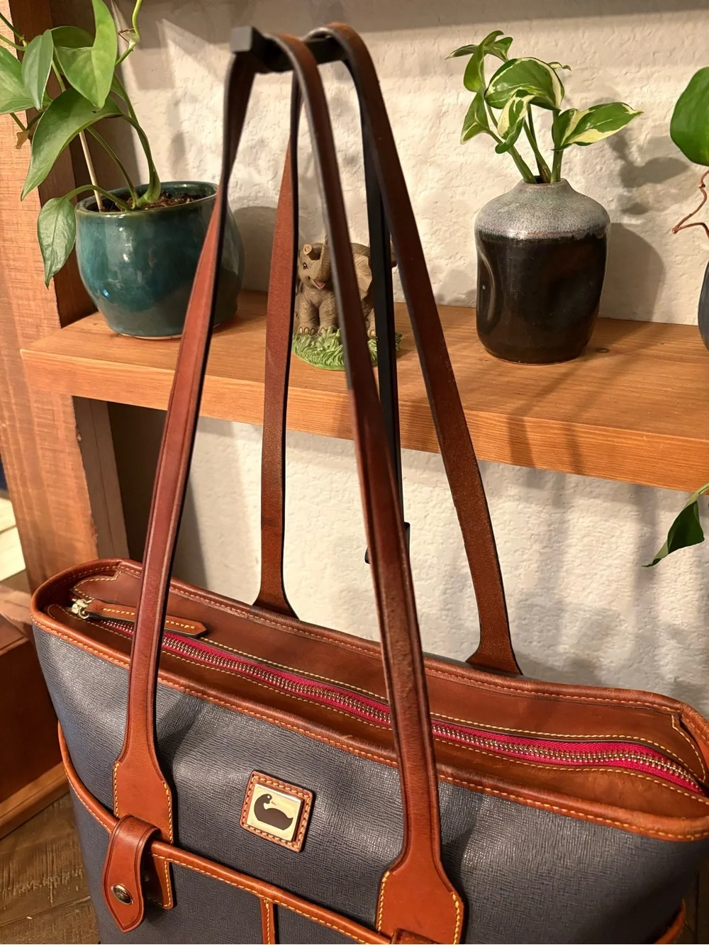 Dooney & Bourke Lexington Navy Coated Canvas Shopper Tote British Tan Leather